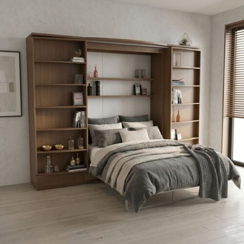 Modern bedroom with a bed framed by built-in wooden shelving filled with decor and books.