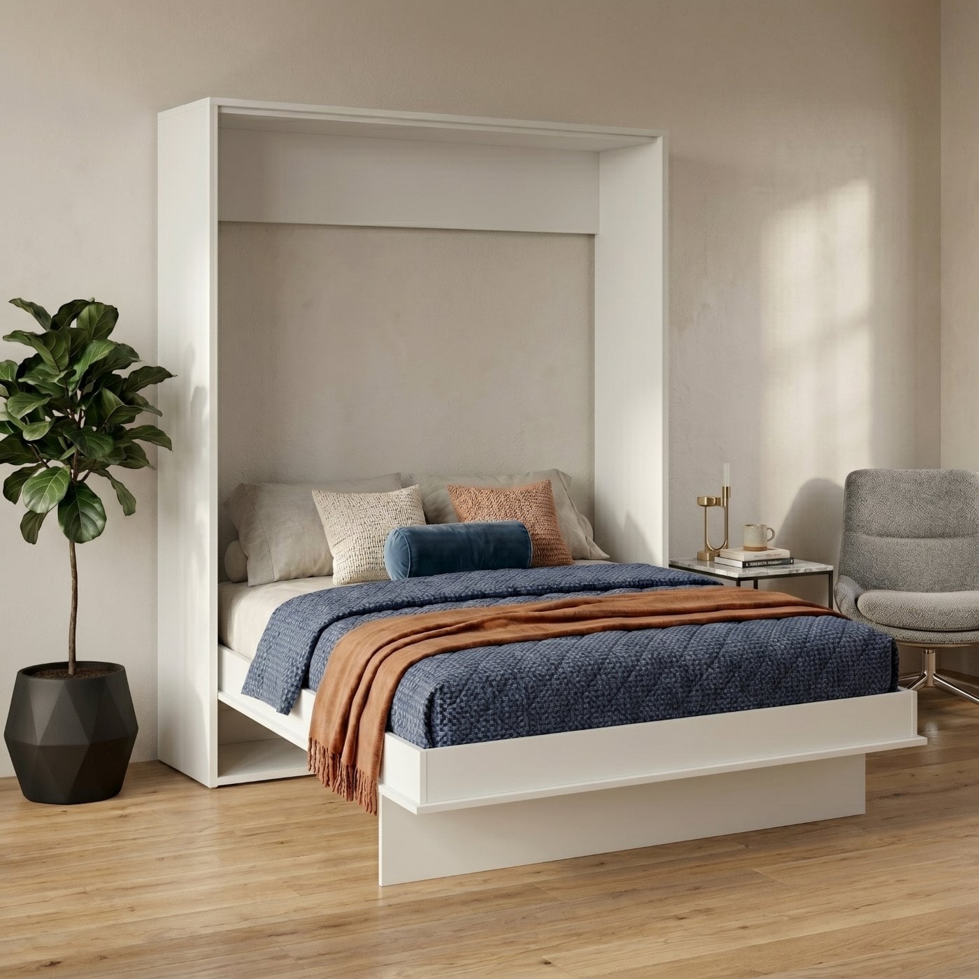 Canopy-style white bed with blue quilt, orange throw, and decorative pillows in a calm neutral bedroom with a plant nearby