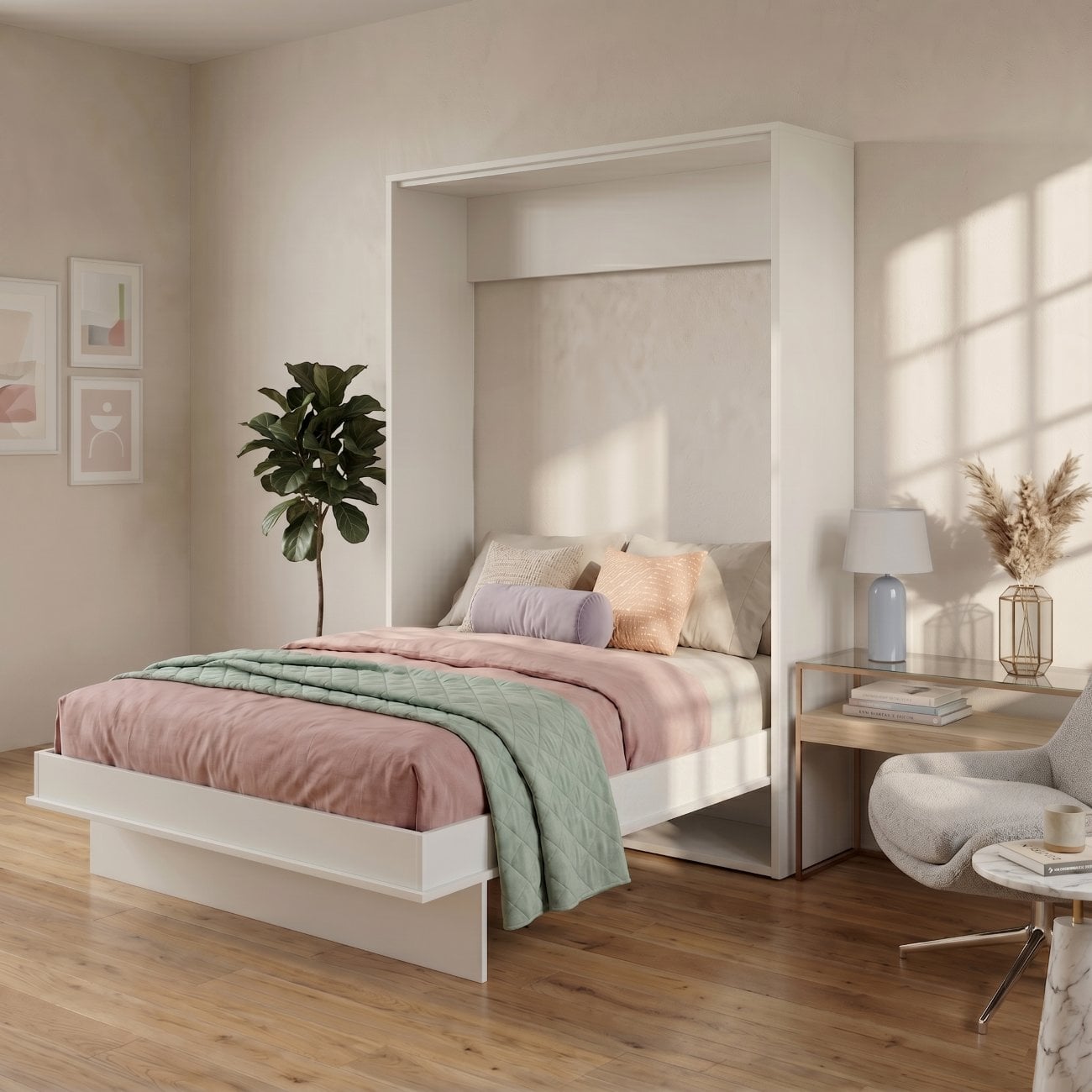 Bright bedroom with a white canopy bed, pastel pink and mint bedding, and a tall green plant beside the bed.