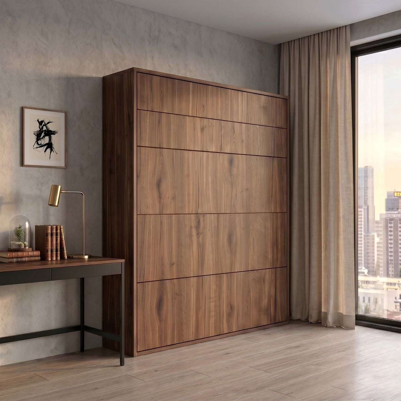 Contemporary bedroom with tall wooden wardrobe beside a dark desk, brass lamp, books, and a glass dome decorative piece.