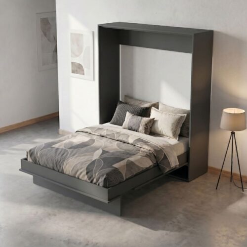 Modern gray platform bed with a tall surrounding frame and built-in storage drawer, set in a minimalist bedroom with a floor lamp nearby.