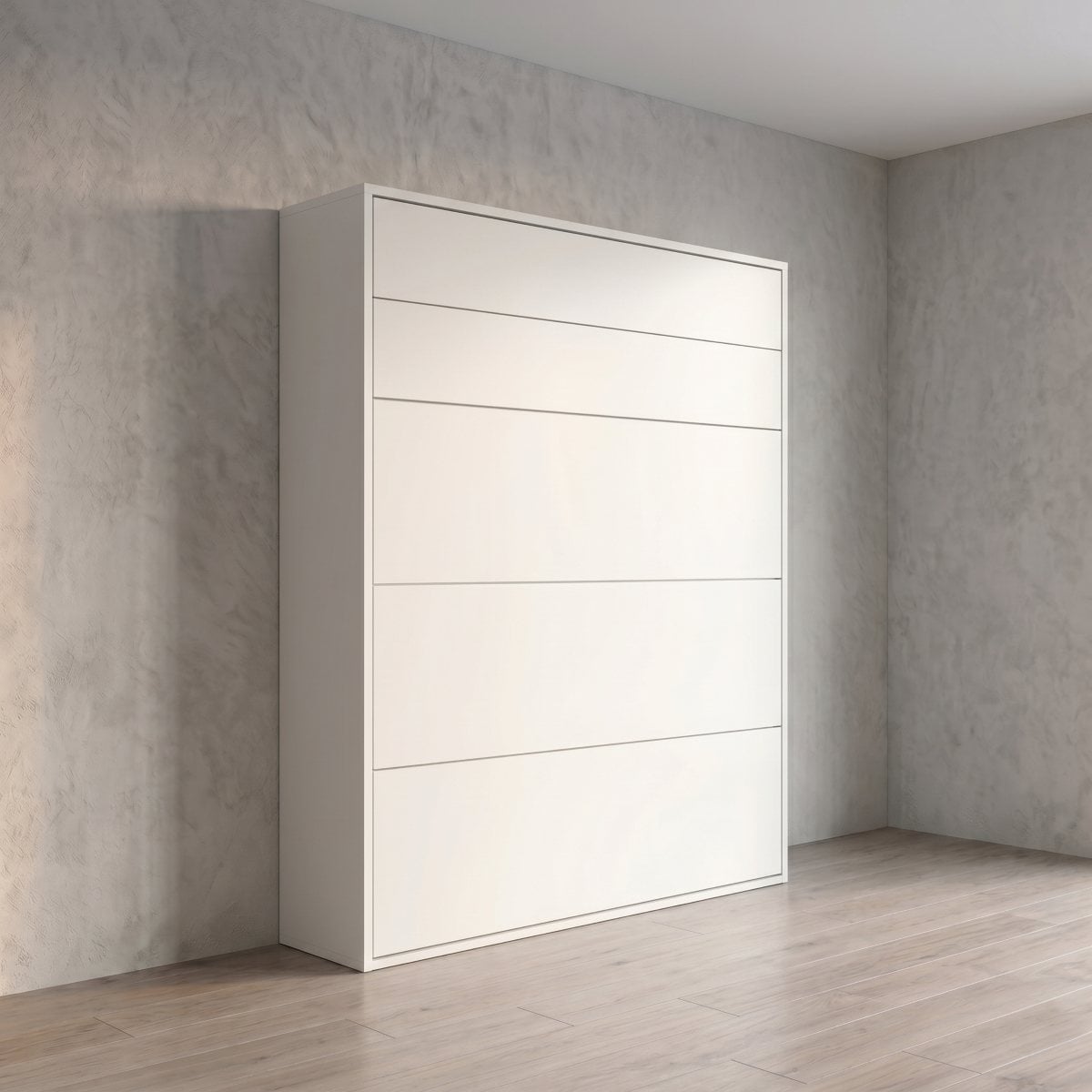 White tall dresser with six flat drawers standing against a light gray textured wall in a minimalist room.