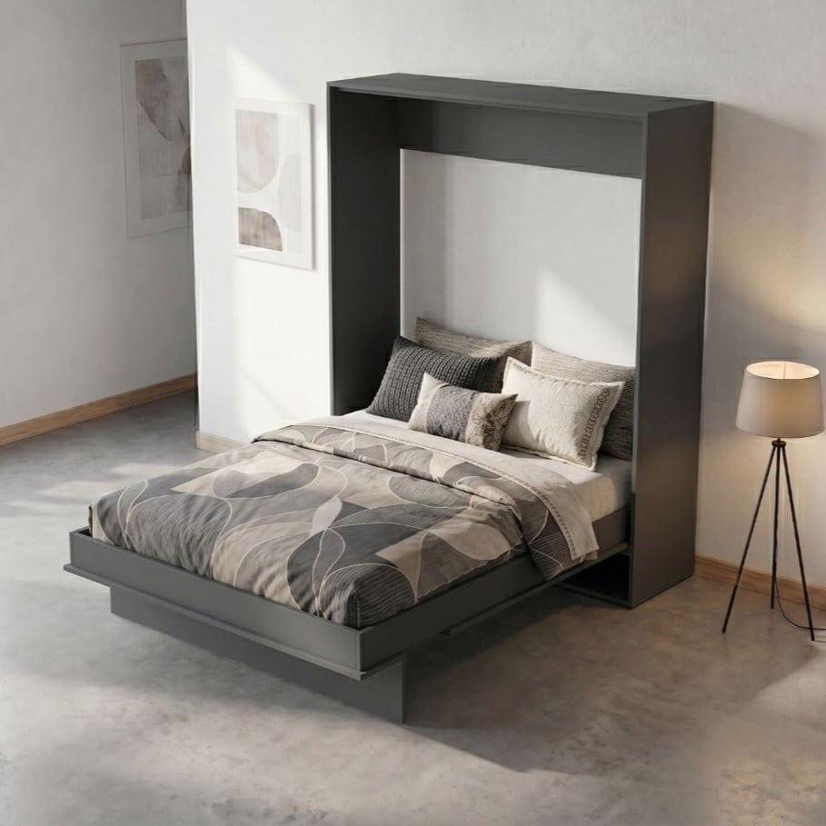 Modern gray platform bed with a tall surrounding frame and built-in storage drawer, set in a minimalist bedroom with a floor lamp nearby.